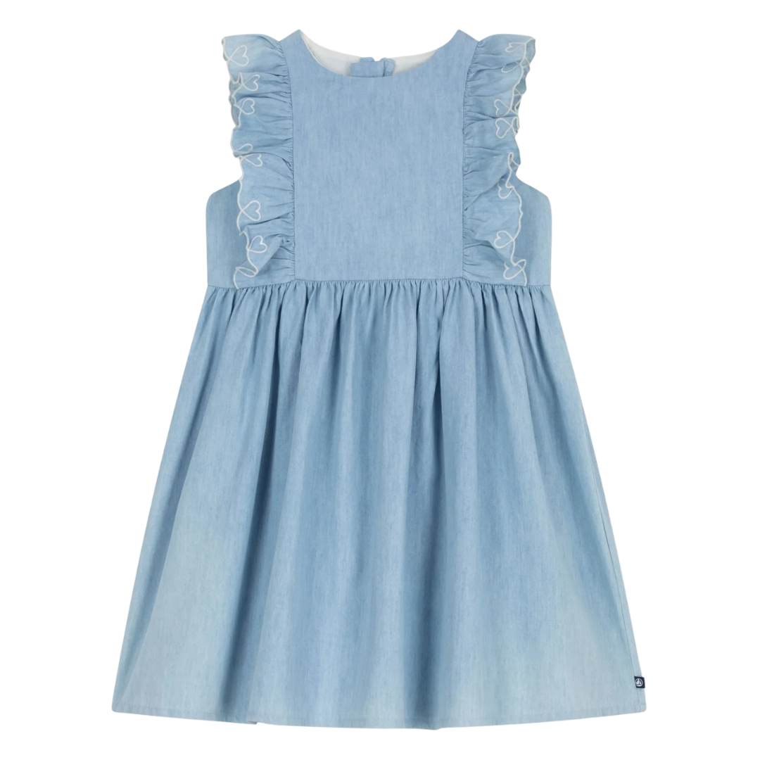 Light blue dress with ruffled details on a white background