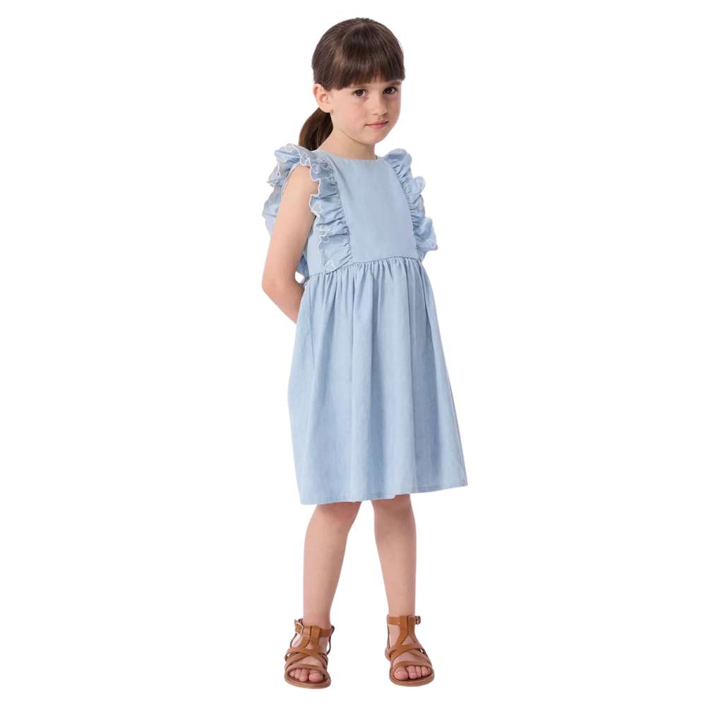 Young girl wearing a light blue dress with ruffled details on a white background