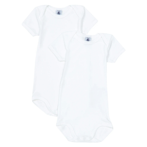 White baby bodysuit with brand logo on a white background