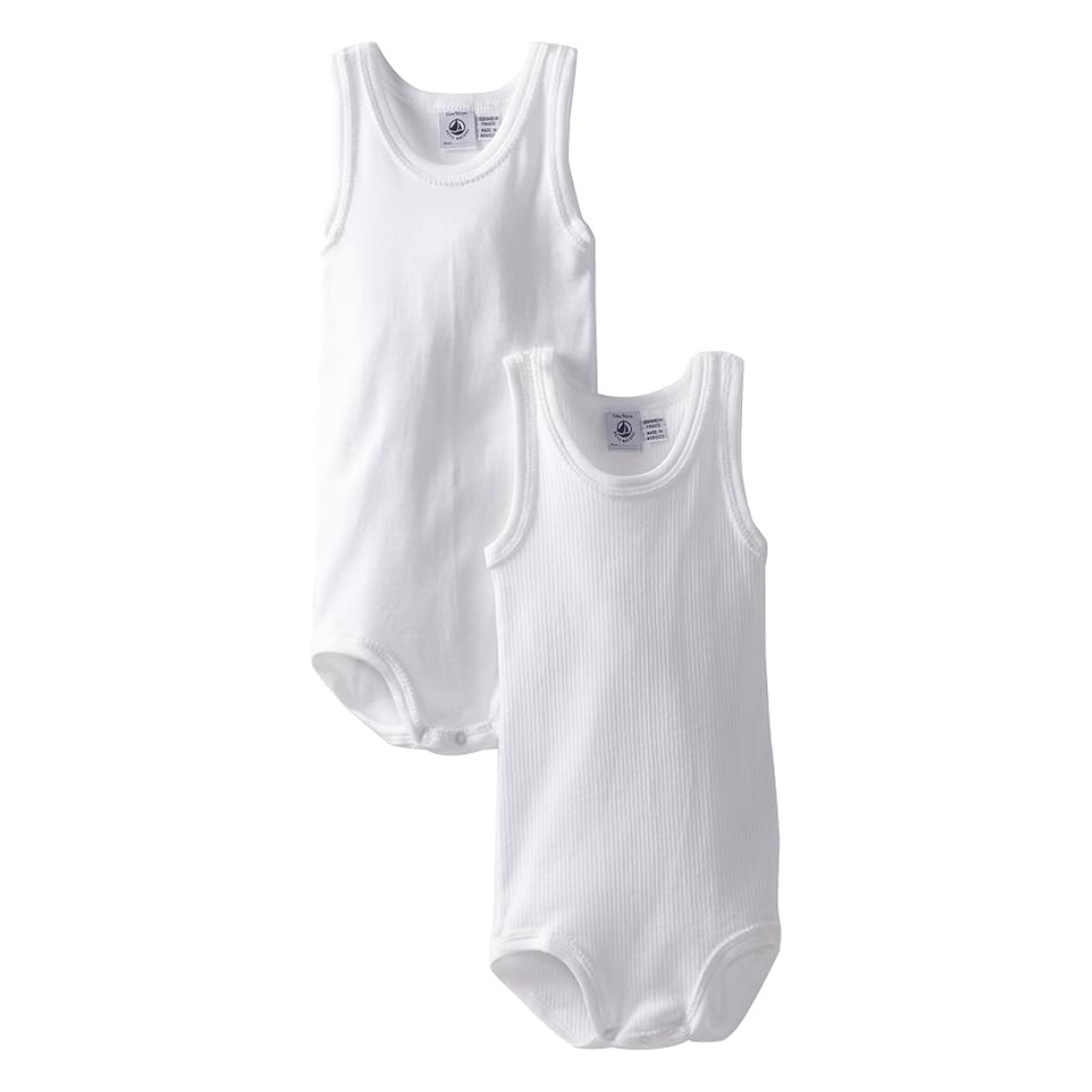 Two white tank bodysuits on a white background