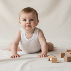 Baby in a white onesie sitting on a light-colored surface with wooden blocks.