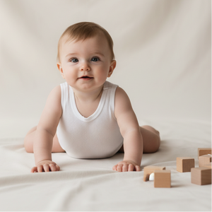 Baby in a white onesie sitting on a light-colored surface with wooden blocks.