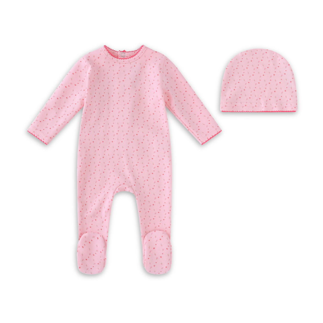 Mini Label Pink Bright Floral Print Footie and Hat Girls Soft Cotton Baby Outfit Bright Floral Print Design