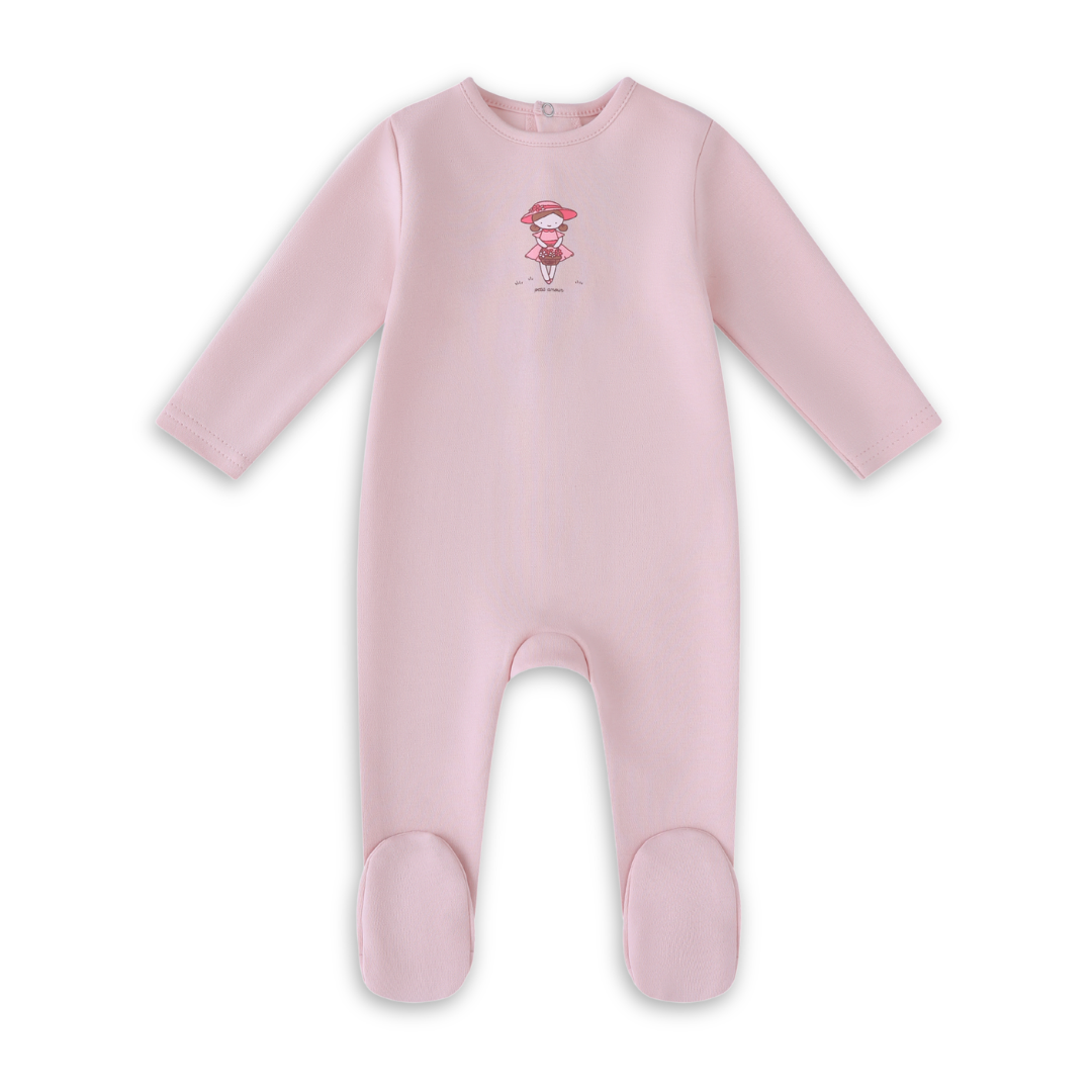 Mini Label Pink Doll Footie Girls Soft Cotton Baby Footed Onesie Doll Print Design