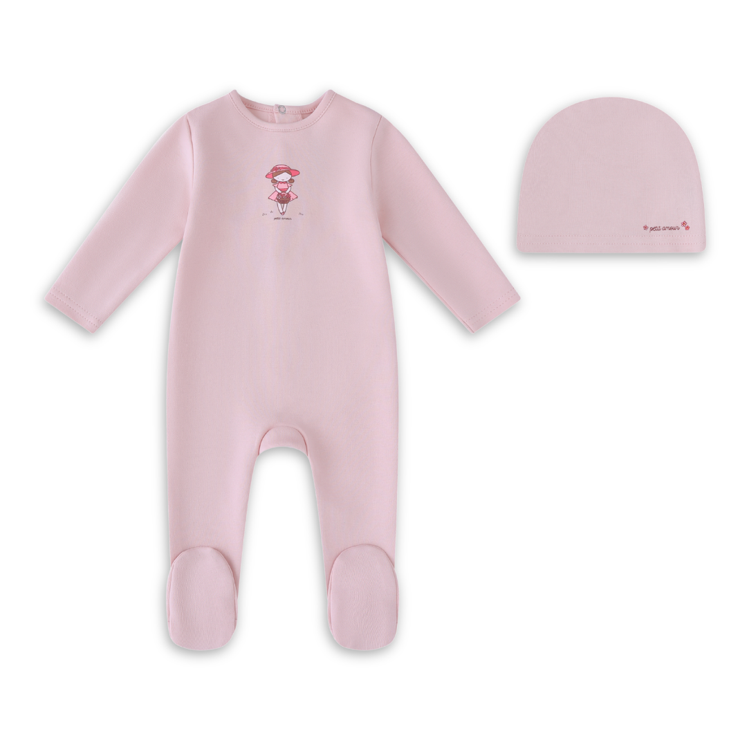 Mini Label Pink Doll Footie and Hat Girls Soft Cotton Baby Outfit Doll Print Design