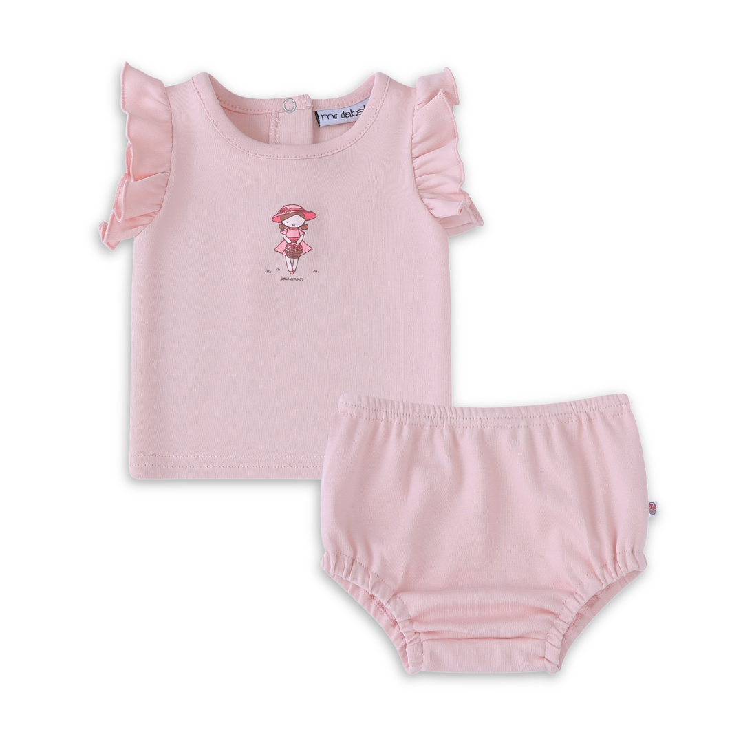 Mini Label Pink Doll Two Piece Set Girls Soft Cotton Baby Outfit Doll Print Design