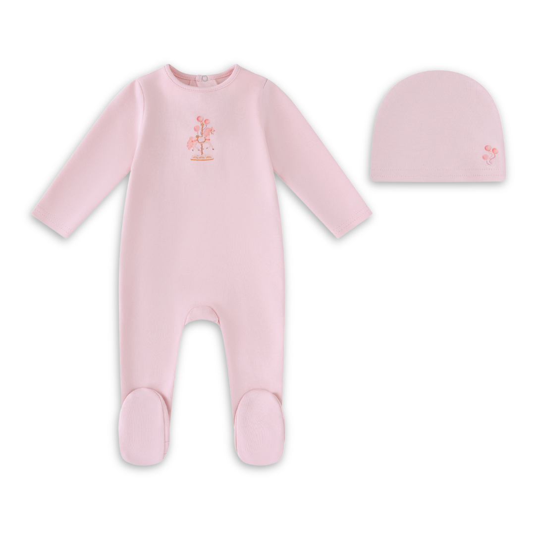 Mini Label Pink Water Print Carousel Footie and Hat Girls Soft Cotton Baby Outfit Carousel Print Design