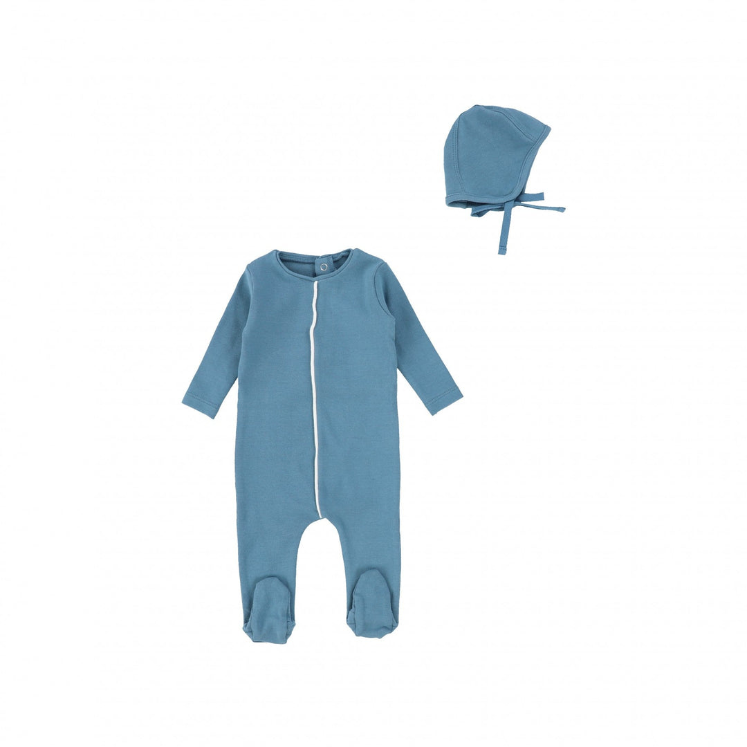 bee dee teal white contrast piping footie with bonnet