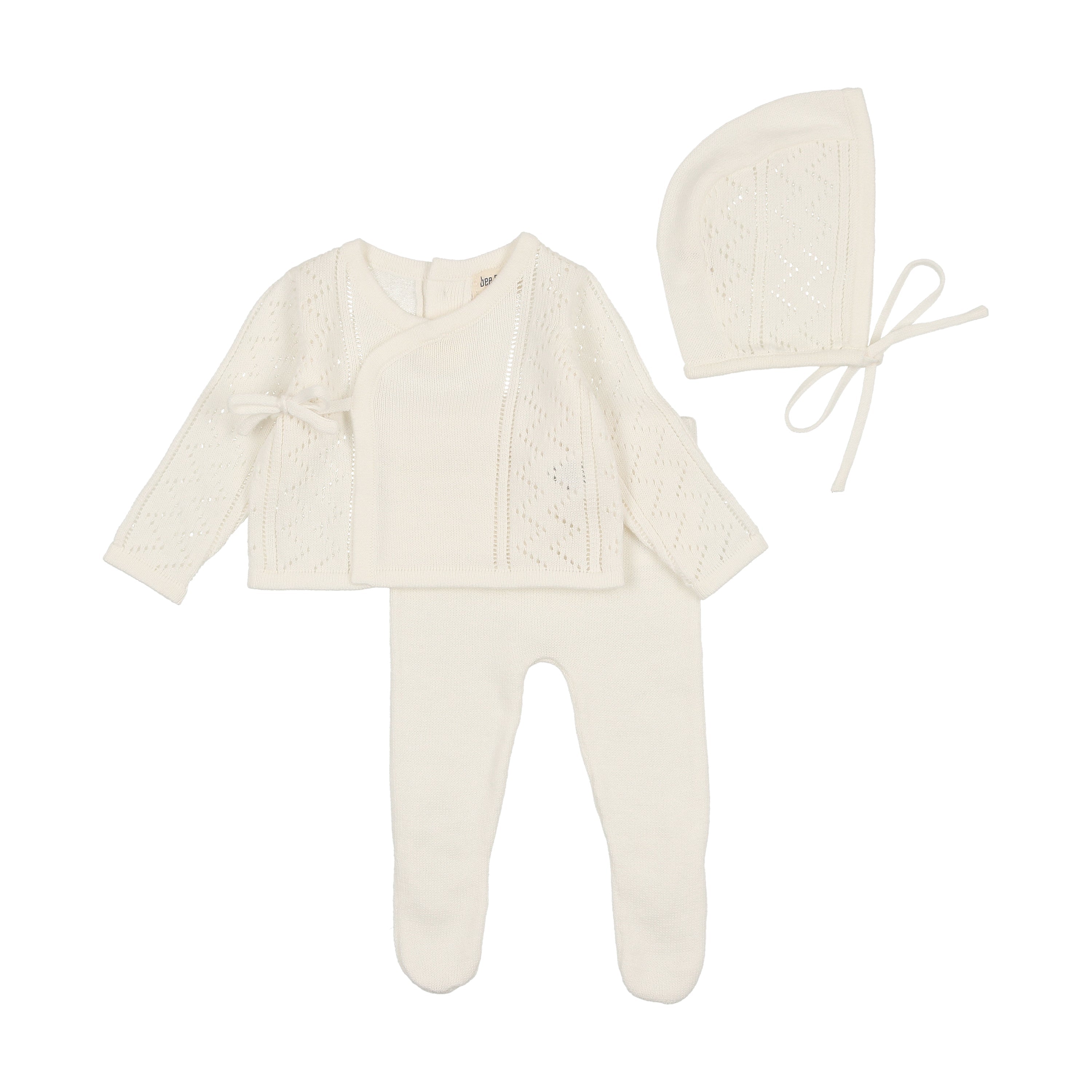 Bee & Dee White Pointelle Wrap Romper + Bonnet