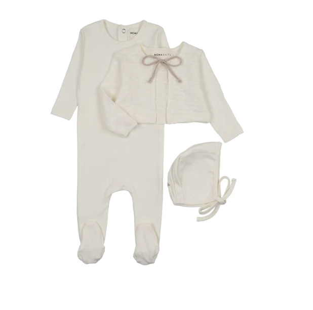 Mema Knits pointelle footie, slub cardigan, and bonnet set