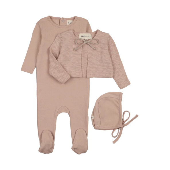 Mema Knits pointelle footie, slub cardigan, and bonnet set