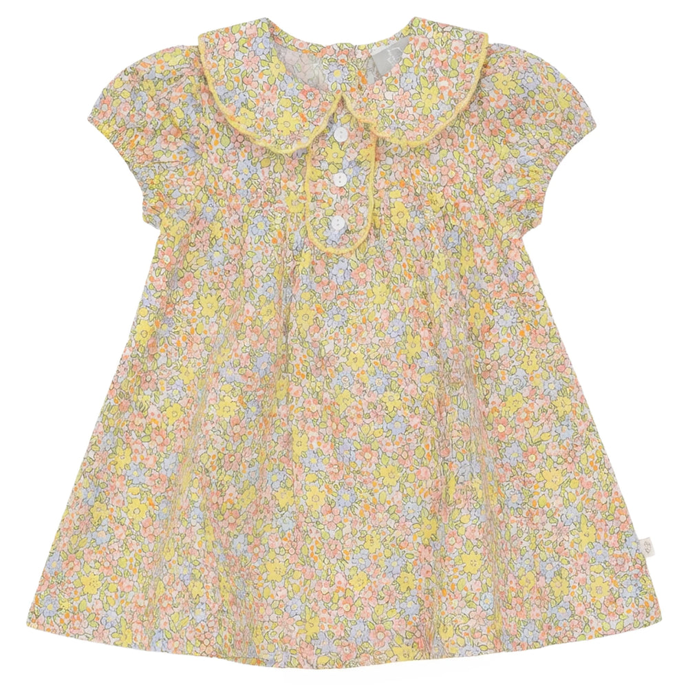 Floral dress with a yellow collar on a white background