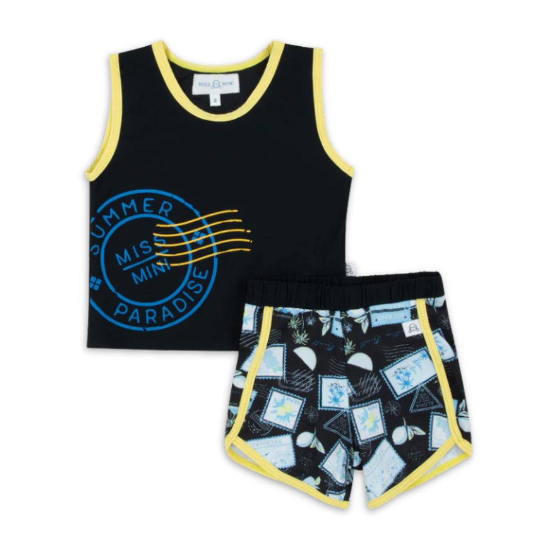 Miss Mini Postcard Swim Tank and Shorts Set Kids Swimwear Soft Stretch Fabric Postcard Print Design