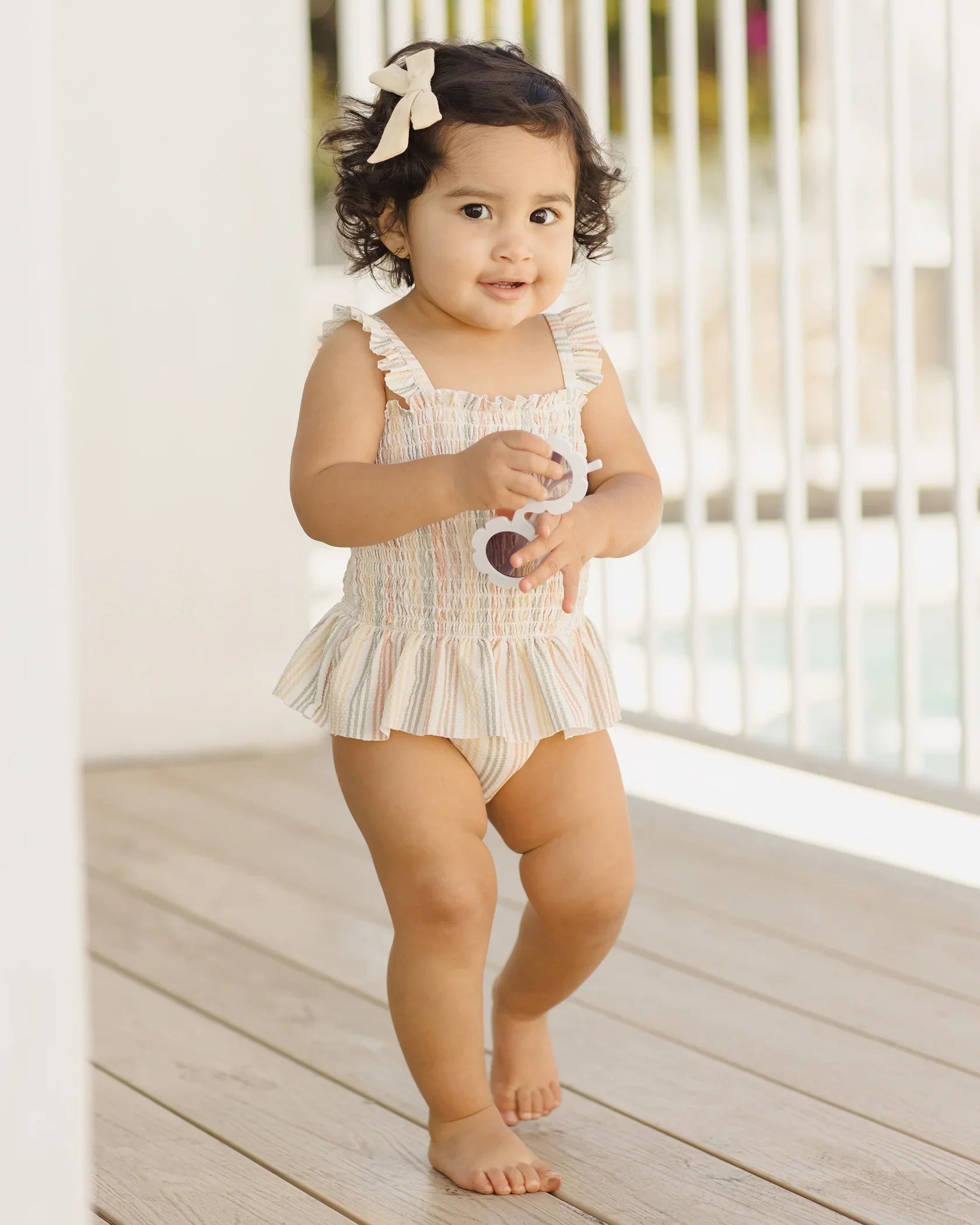 Quincy Mae Multi Stripe Smocked One-Piece Swimsuit