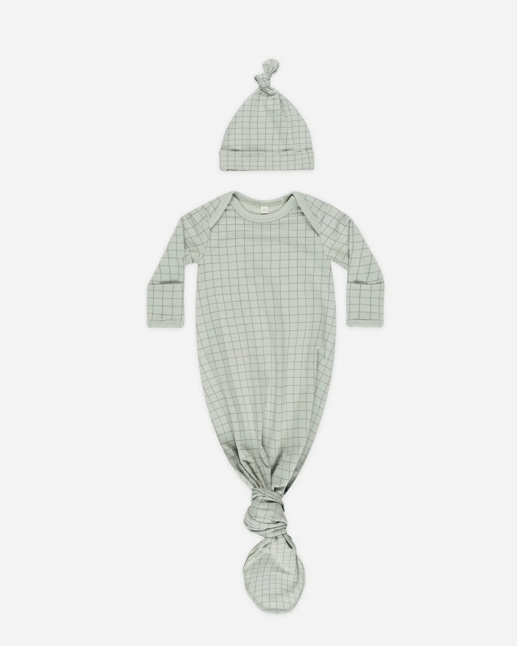 Quincy Mae Sage Grid Knotted Baby Gown + Hat Set