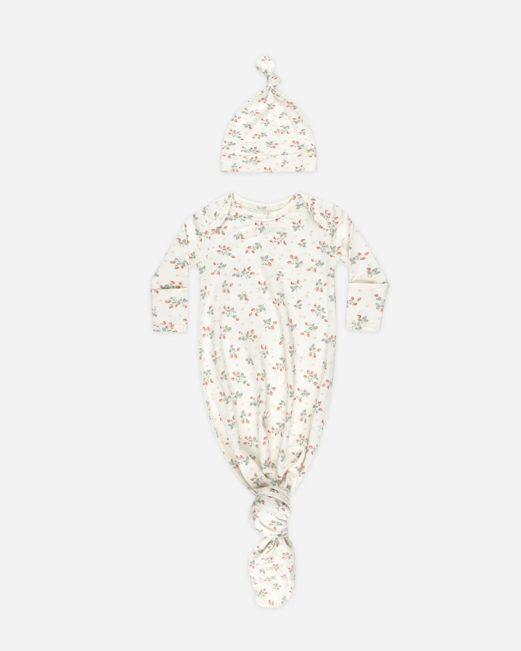 Quincy Mae Strawberries Knotted Baby Gown + Hat Set