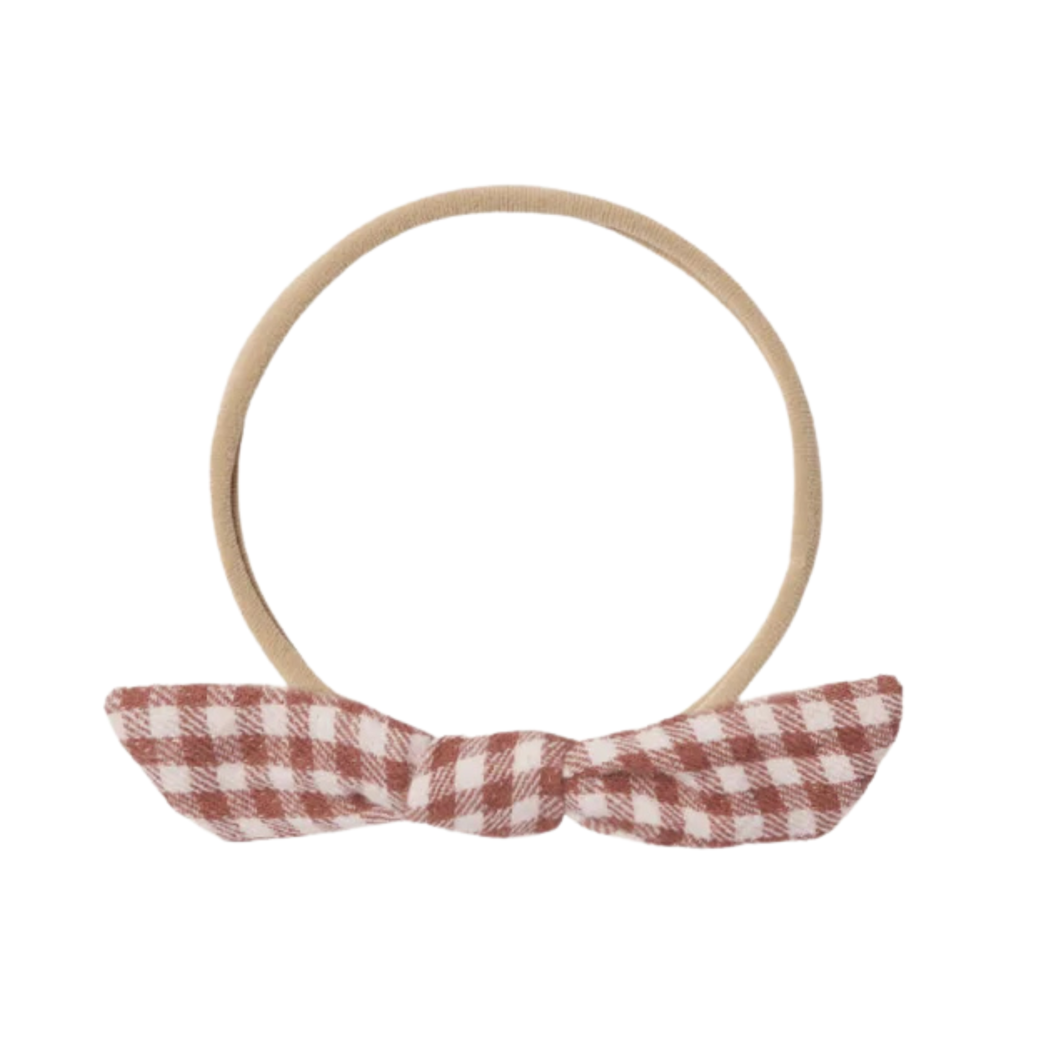 Red and white checkered bow on a beige headband against a white background