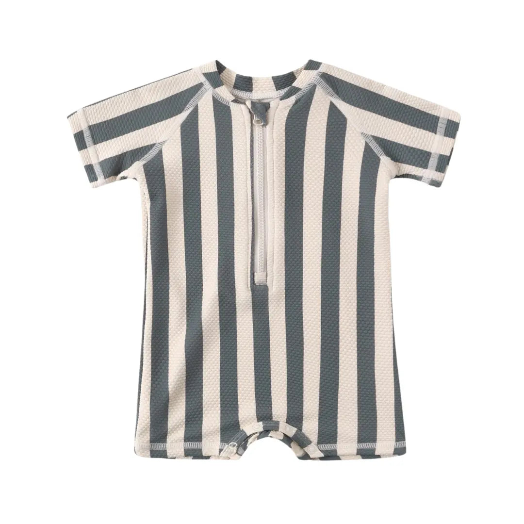 Quincy Mae Baby and Toddler Zip Rashguard One-piece Retro Stripe Ocean Blue Boutique Designer Recycled UPF 50+ Swimwear