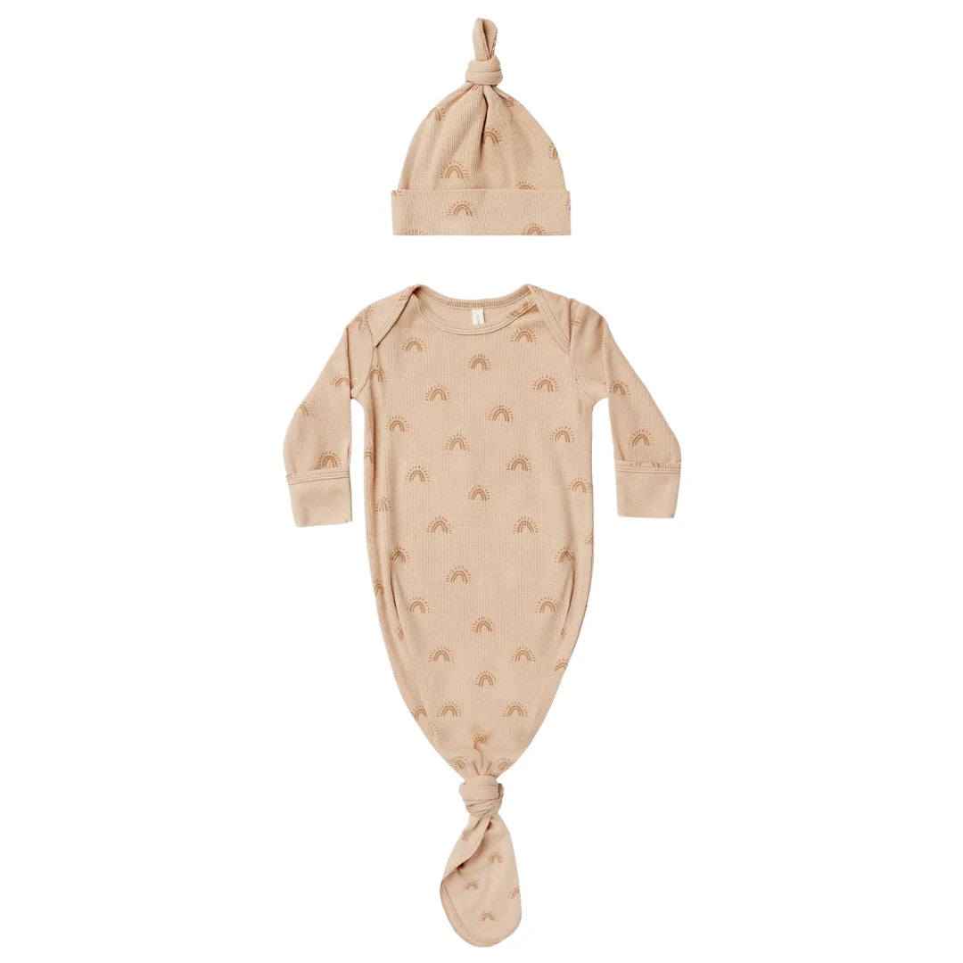 Quincy Mae Newborn Knotted Baby Gown and Hat Set Organic Cotton Boutique Designer Take-Me-Home Outfit Rainbows