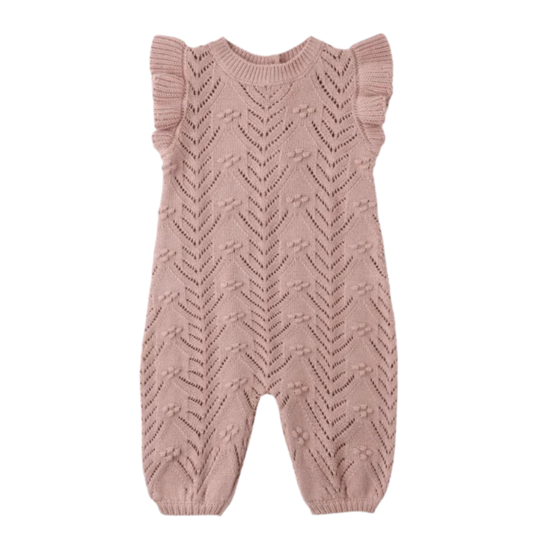 Quincy Mae Baby Girls Mira Knit Romper Mauve Pointelle Boutique Newborn Toddler Designer Organic Cotton One-Piece Sweater Outfit