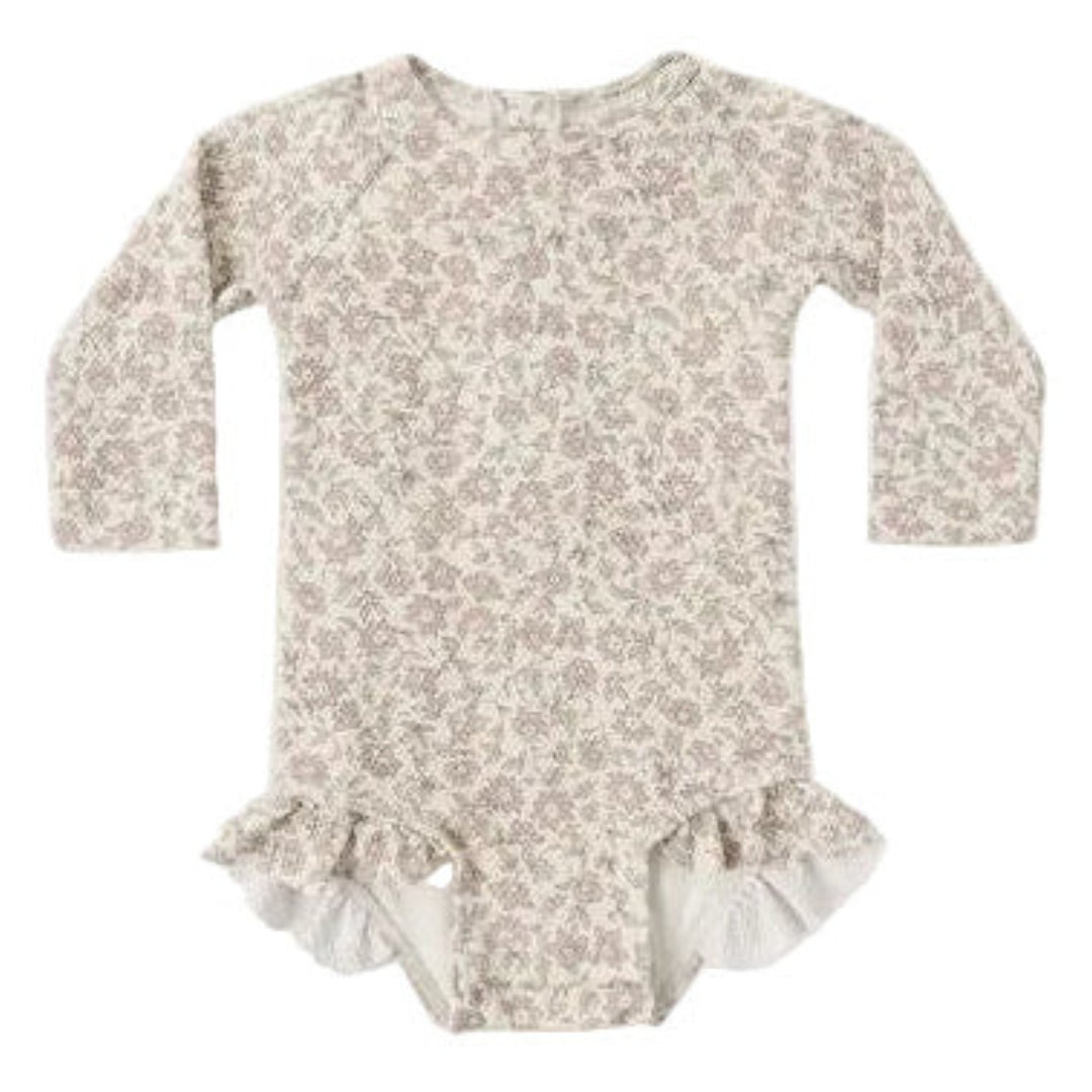 Quincy Mae Baby and Toddler Olivia Rashguard One-Piece Swimsuit Dahlia Floral Ruffle Boutique Designer Recycled UPF 50+ Swimwear