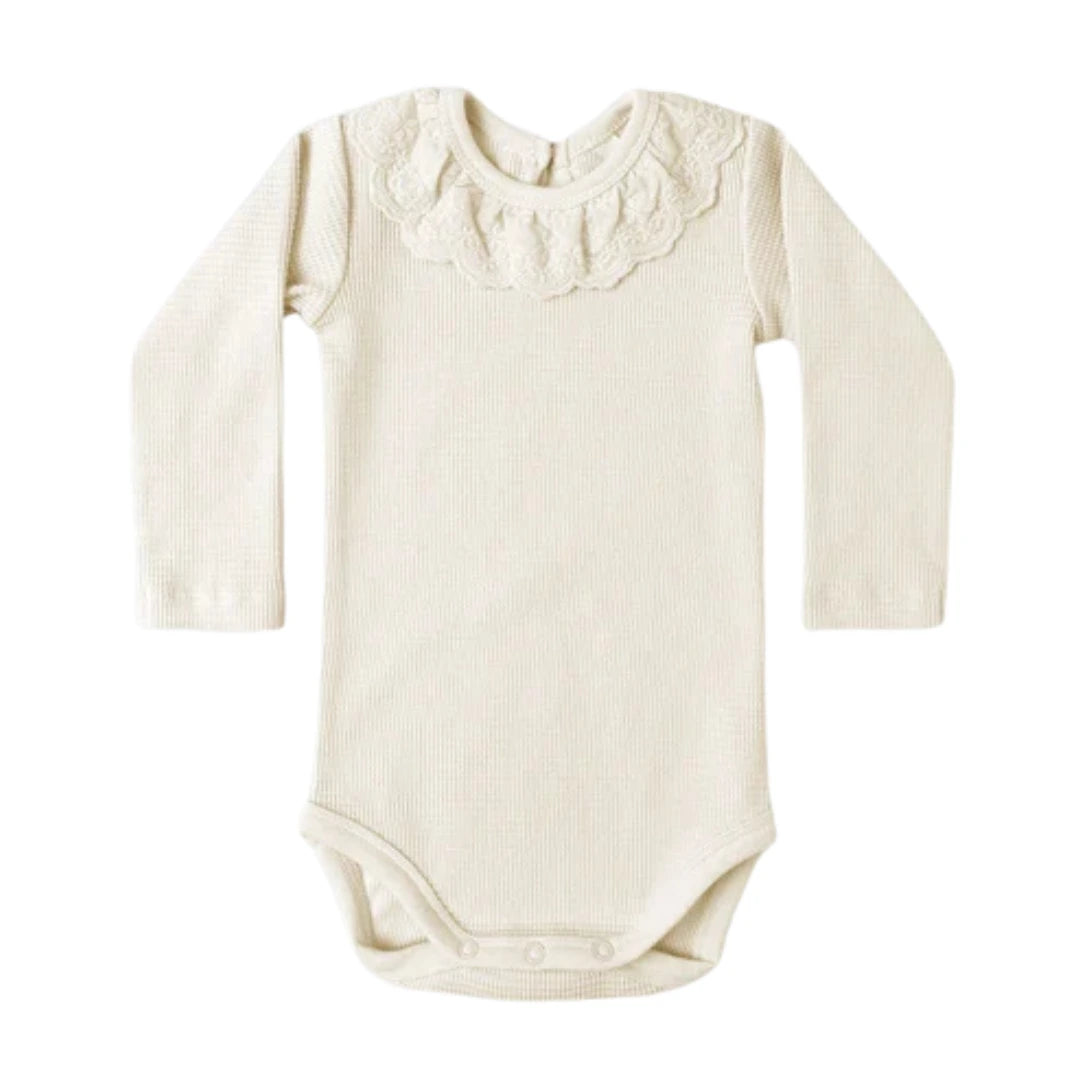 Quincy Mae Baby and Toddler Antique Ruffle Collar Bodysuit Boutique Designer Organic Cotton One-Piece Top Natural