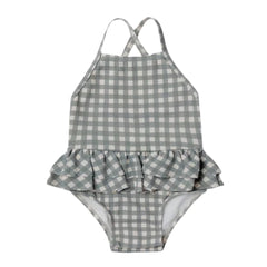 Quincy Mae Baby and Toddler Ruffled One-Piece Swimsuit Sea Green Gingham UPF 50 Boutique Designer Recycled Swimwear