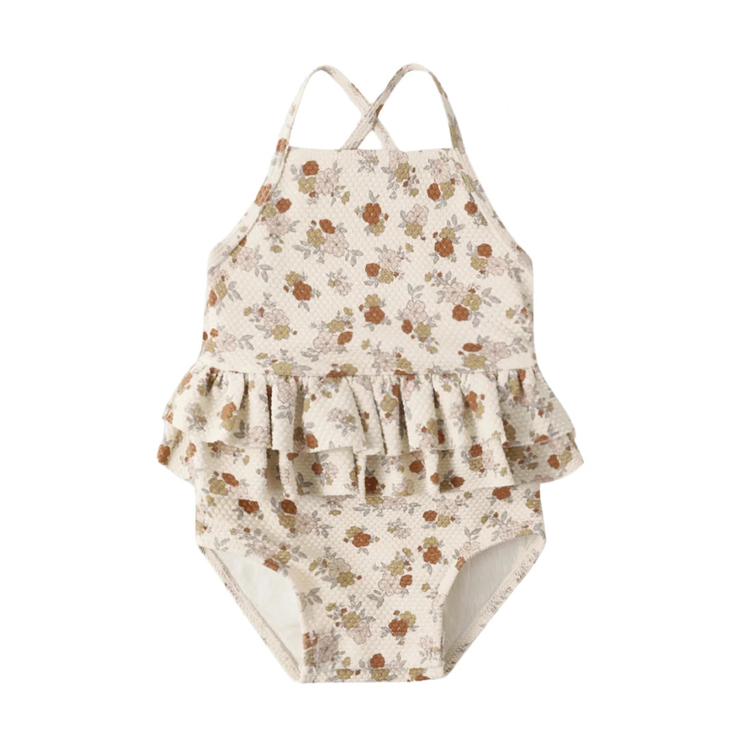 Quincy Mae Girls Ruffled One-piece Swimsuit Bloom Floral Print Boutique Toddler Designer Recycled UPF 50+ Swimwear