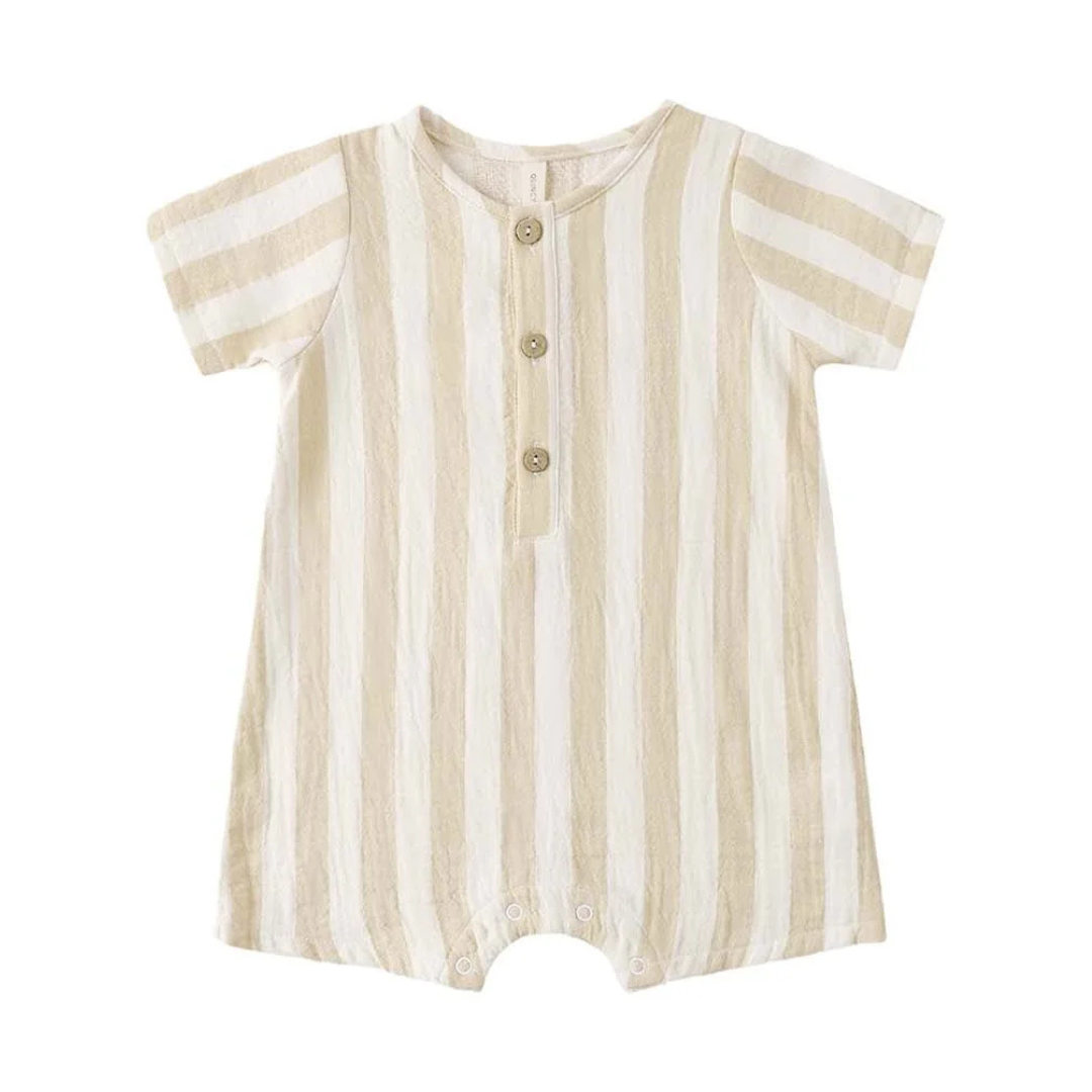 Quincy Mae Baby and Toddler Short Sleeve Woven Romper Boutique Designer Organic Cotton Summer Stripe One-Piece Outfit