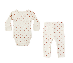 Quincy Mae Baby Side Snap Bodysuit and Ribbed Legging Set Red Hearts Print Boutique Newborn Toddler Designer Organic Cotton Outfit
