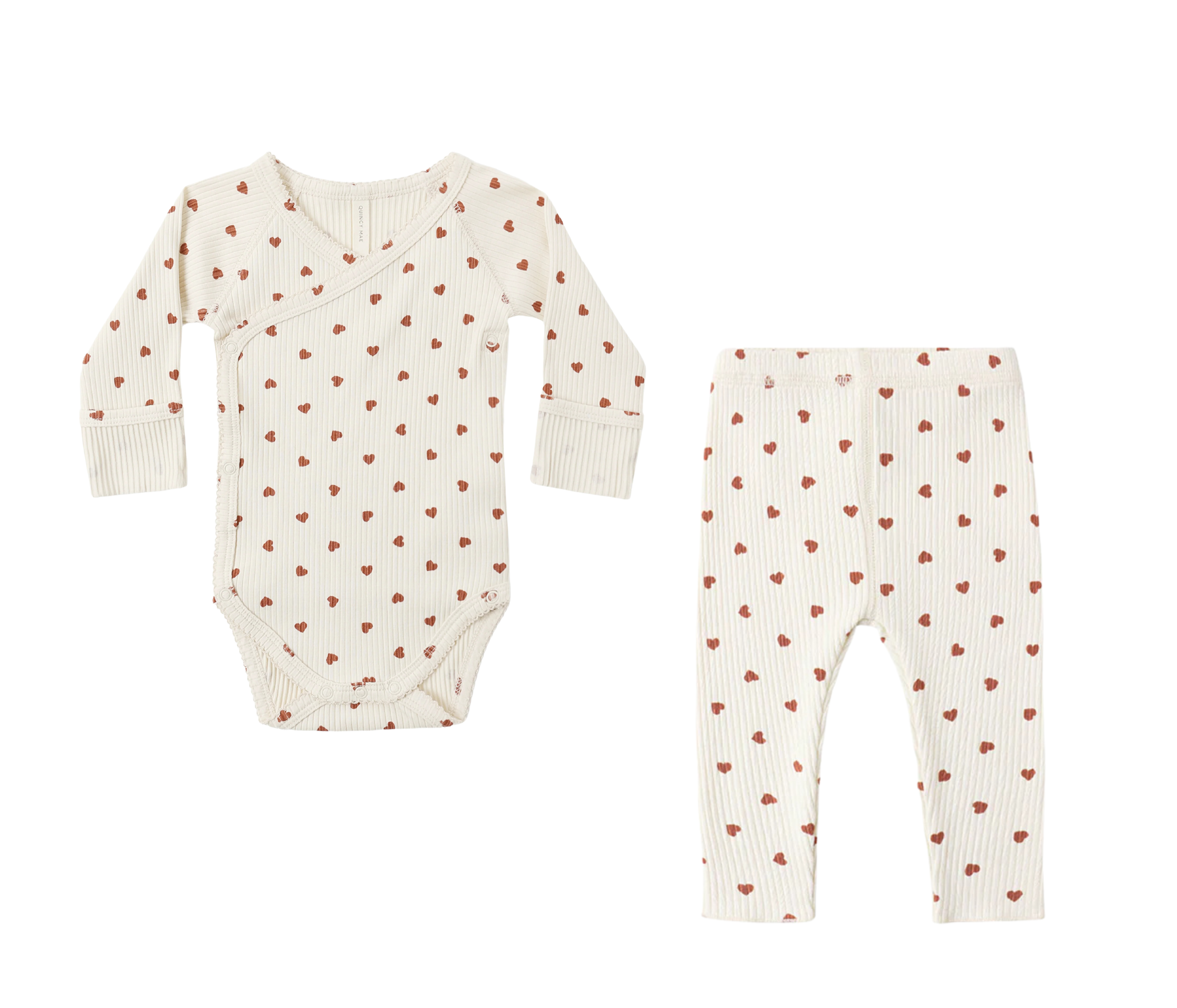 Quincy Mae Baby Side Snap Bodysuit and Ribbed Legging Set Red Hearts Print Boutique Newborn Toddler Designer Organic Cotton Outfit