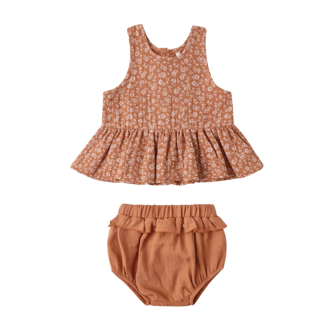 Quincy Mae Girls Sleeveless Peplum Top and Bloomer Set Poppy Floral Print Boutique Toddler Designer Organic Cotton Summer Outfit