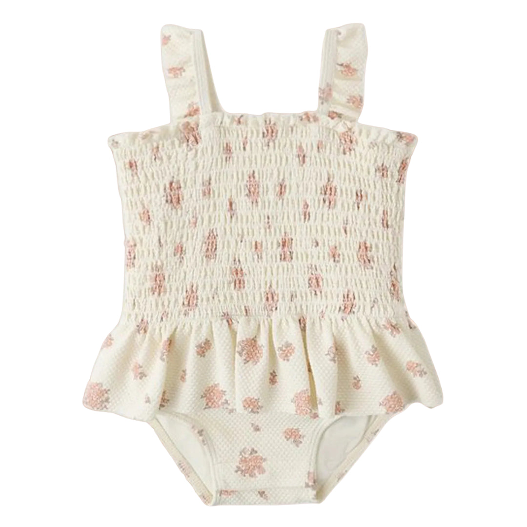 Quincy Mae Baby and Toddler Smocked One-Piece Swimsuit Garden Rose Floral Ruffle Boutique Designer Recycled UPF 50+ Swimwear