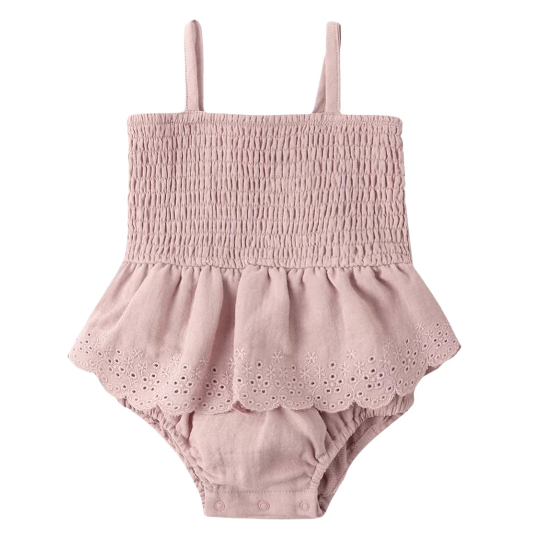 Quincy Mae Baby and Toddler Smocked Skirted Romper Organic Cotton Woven Ruffle Boutique Designer One-Piece Outfit Mauve 