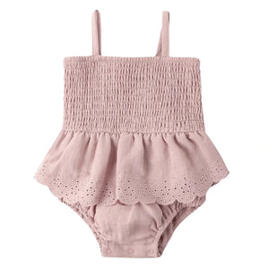 Quincy Mae Baby and Toddler Smocked Skirted Romper Organic Cotton Woven Ruffle Boutique Designer One-Piece Outfit Mauve 