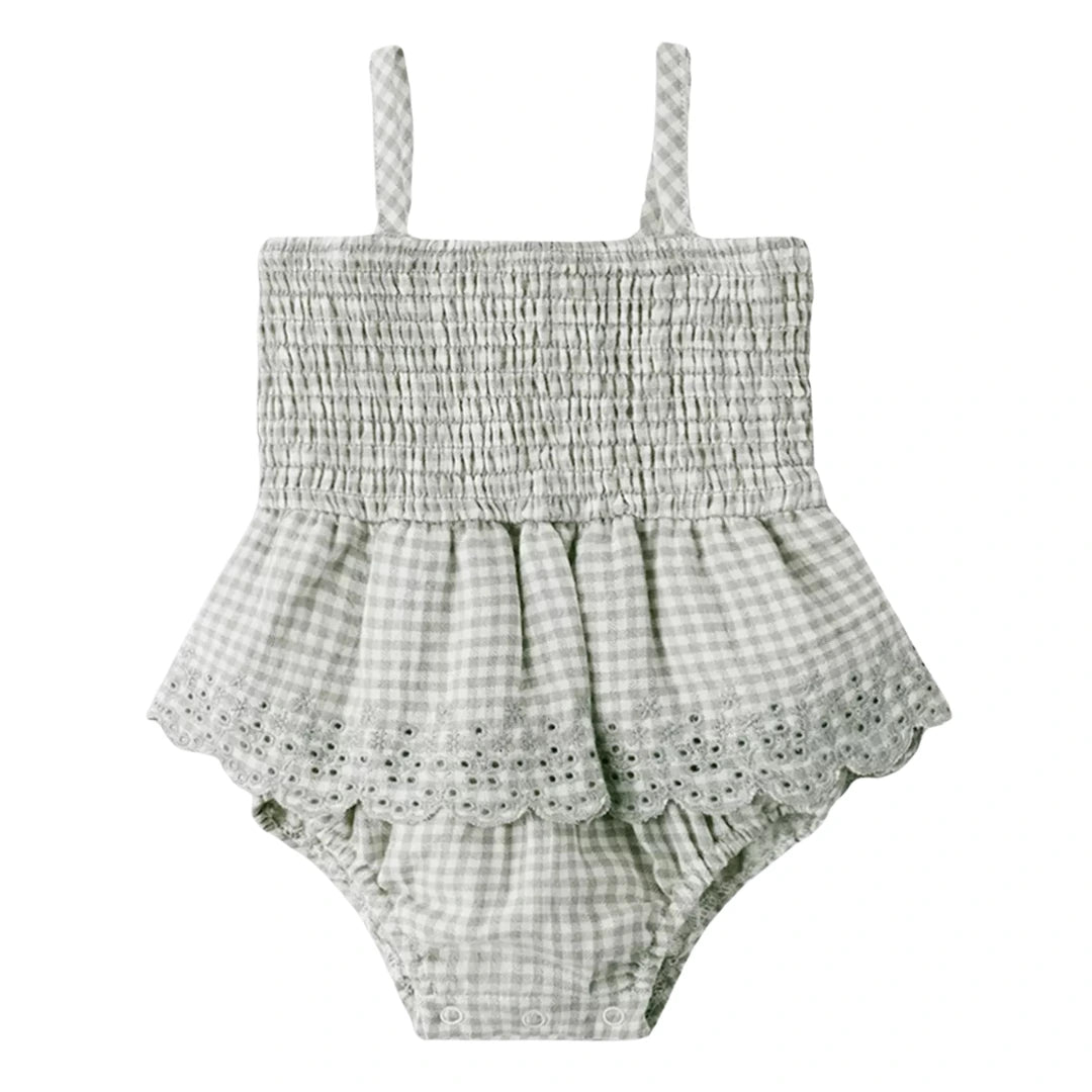 Quincy Mae Baby and Toddler Smocked Skirted Romper Organic Cotton Woven Ruffle Boutique Designer One-Piece Outfit Sage Gingham