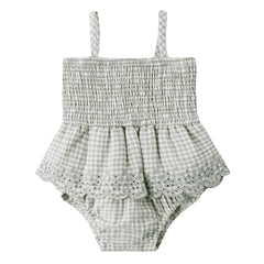 Quincy Mae Baby and Toddler Smocked Skirted Romper Organic Cotton Woven Ruffle Boutique Designer One-Piece Outfit Sage Gingham