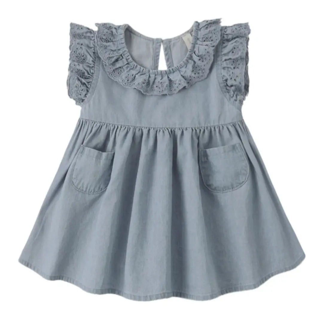 Quincy Mae Baby and Toddler Sophie Dress Chambray Blue Boutique Designer Organic Cotton Woven Ruffle Party Dress