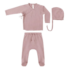 Quincy Mae Newborn Organic Cotton Take Home Set Wrap Top Footed Pants and Hat Boutique Designer Baby Outfit Mauve