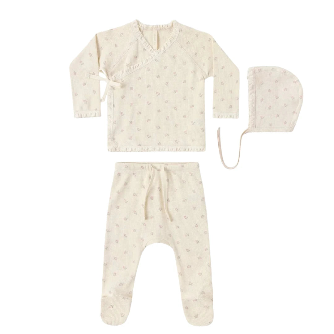 Quincy Mae Newborn Organic Cotton Take Home Set Wrap Top Footed Pants and Hat Boutique Designer Baby Outfit Mauve Ditsy