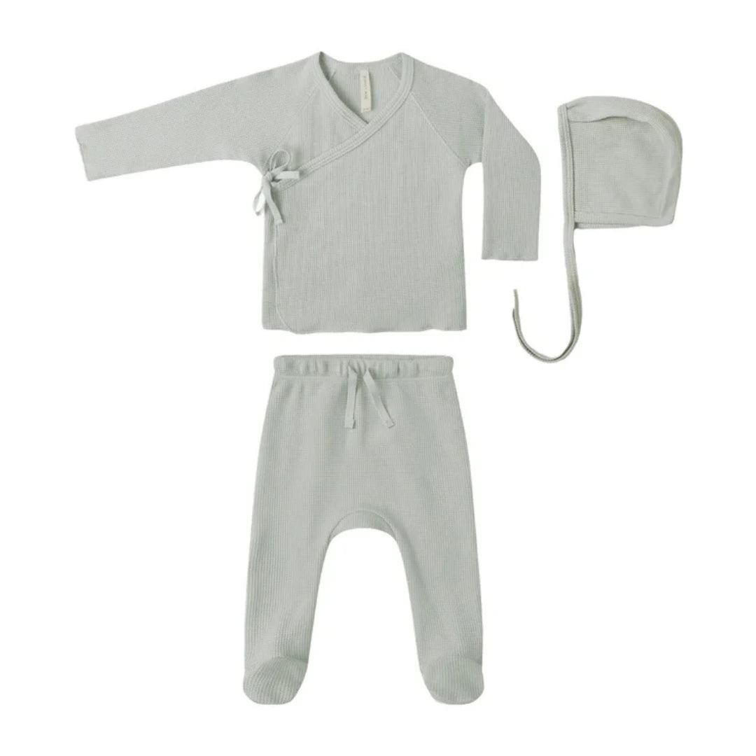 Quincy Mae Newborn Organic Cotton Take Home Set Wrap Top Footed Pants and Hat Boutique Designer Baby Outfit Sage