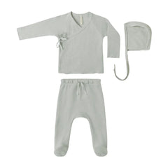 Quincy Mae Newborn Organic Cotton Take Home Set Wrap Top Footed Pants and Hat Boutique Designer Baby Outfit Sage