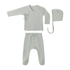 Quincy Mae Newborn Organic Cotton Take Home Set Wrap Top Footed Pants and Hat Boutique Designer Baby Outfit Sage