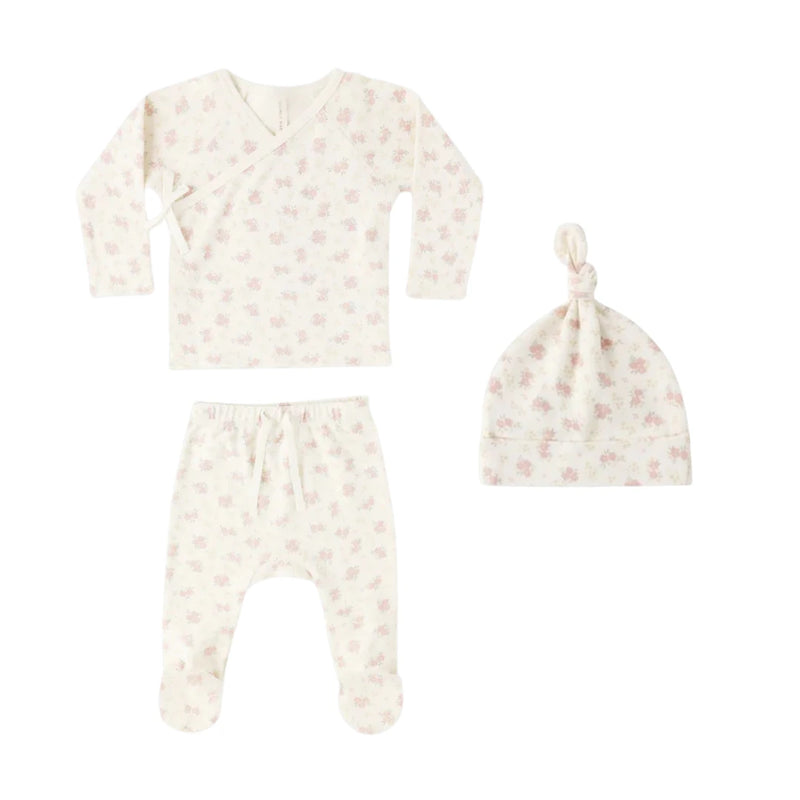 Quincy Mae Newborn Flower Field Wrap Top Footed Pant and Hat Set Organic Cotton Boutique Designer Botanical Take-Me-Home Outfit