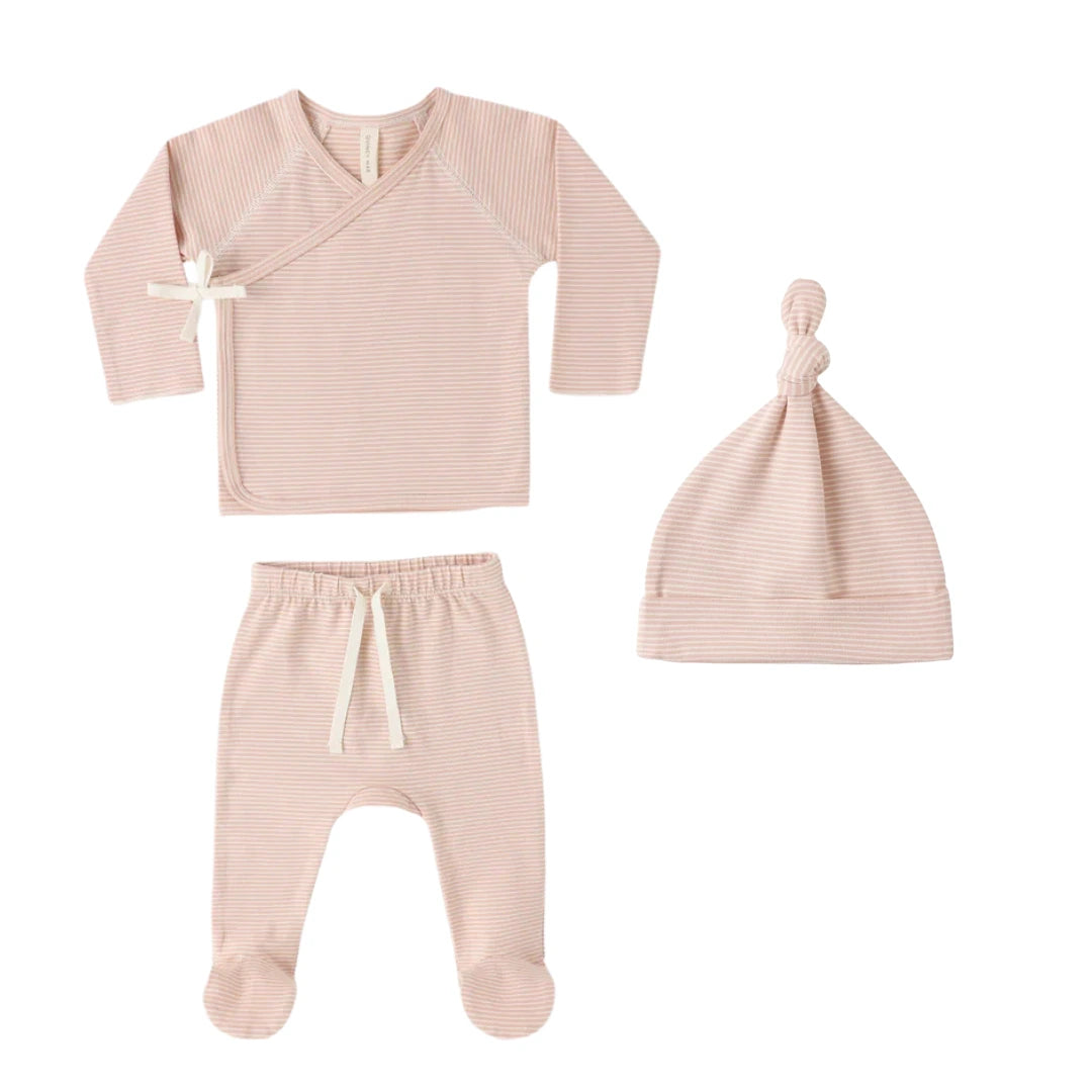 Quincy Mae Newborn Melon Micro Stripe Wrap Top Footed Pant and Hat Set Organic Cotton Boutique Designer Pinstripe Take-Me-Home Outfit