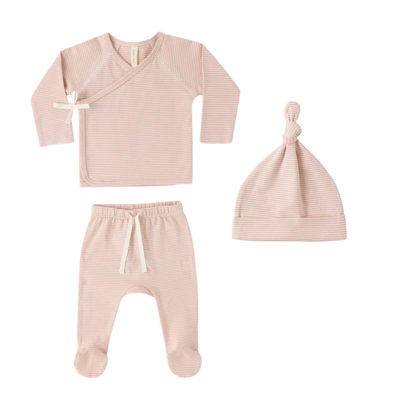 Quincy Mae Newborn Melon Micro Stripe Wrap Top Footed Pant and Hat Set Organic Cotton Boutique Designer Pinstripe Take-Me-Home Outfit