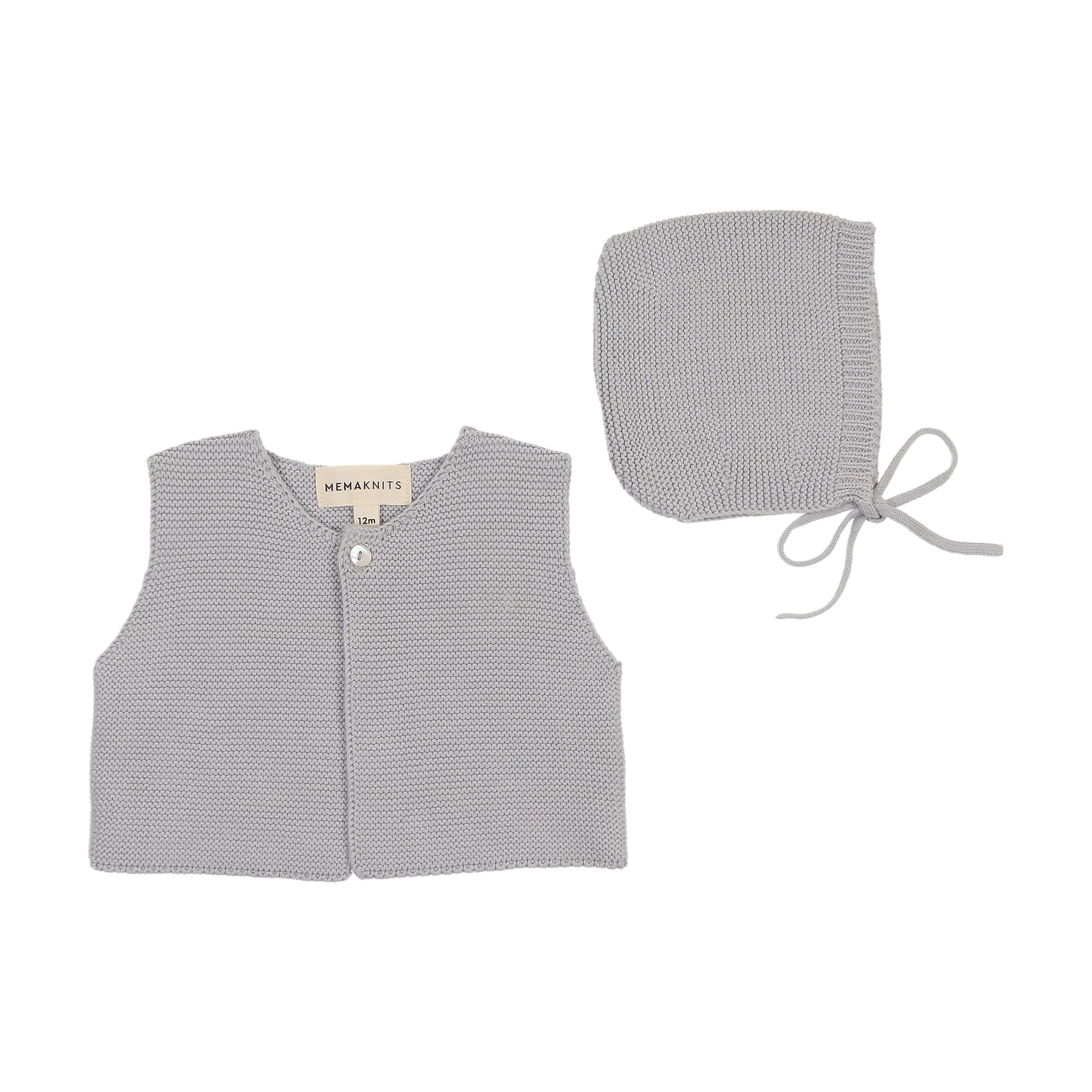 Mema Knits Light Blue Knit Cropped Vest + Bonnet