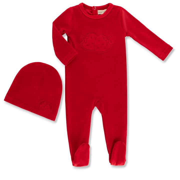 Little Label Red Velour Embroidered Footie + Hat