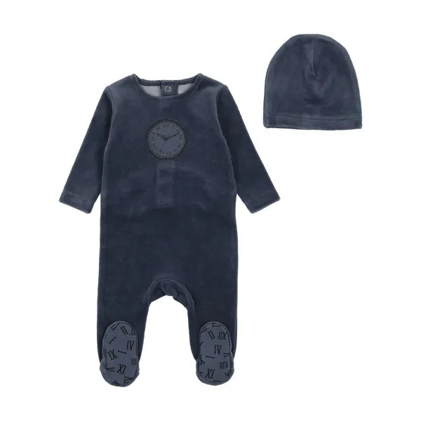 Bee & Dee True Navy Clock Velour Footie + Beanie