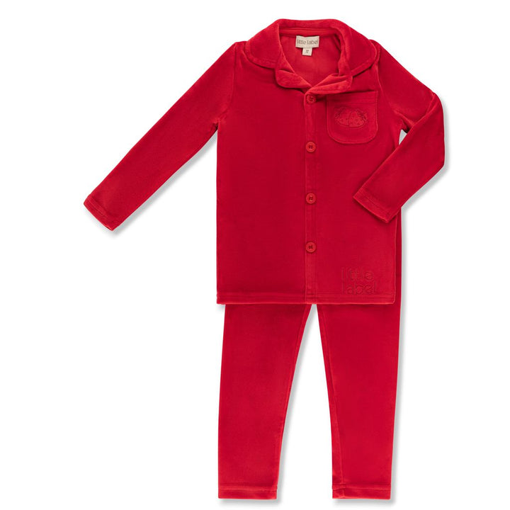 Little Label Red Velour Embroidered Pocket Grandpa Pjs